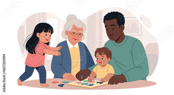 Fototapeta Happy multi-generational family playing puzzle together at home, fostering learning, bonding, and intergenerational connection. Ideal for family, lifestyle, and education concepts.