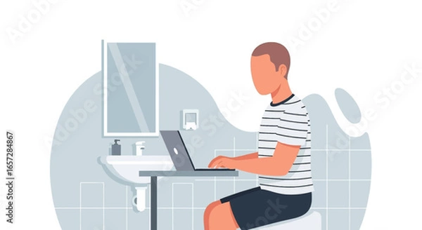 Fototapeta Man working on a laptop in a modern home bathroom, illustrating remote work, flexible hours, and an unconventional workspace setup.