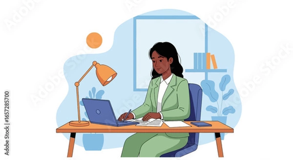 Fototapeta Professional Black woman focused on work at a desk with laptop, documents, and lamp. Ideal for business, productivity, remote work concepts.