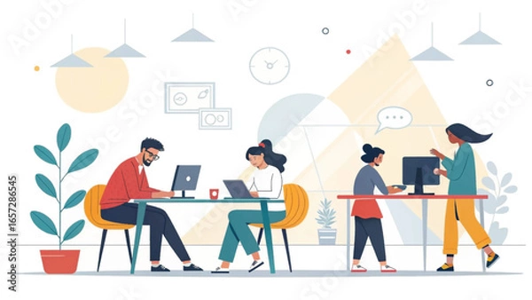 Fototapeta Diverse team collaborating in a modern co-working office. Illustrates productivity, teamwork, and a contemporary business environment for tech and lifestyle concepts.