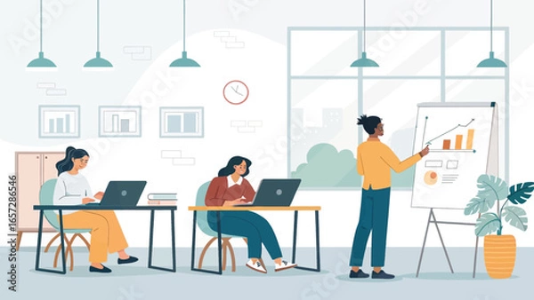 Fototapeta Diverse team collaborating in a modern office, analyzing data and working on laptops, symbolizing business growth and productivity.