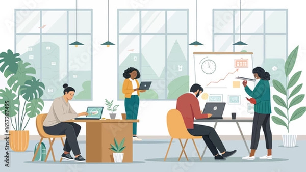 Fototapeta Diverse professionals collaborate in a modern, bright office, utilizing laptops and a whiteboard for data analysis and strategic planning.