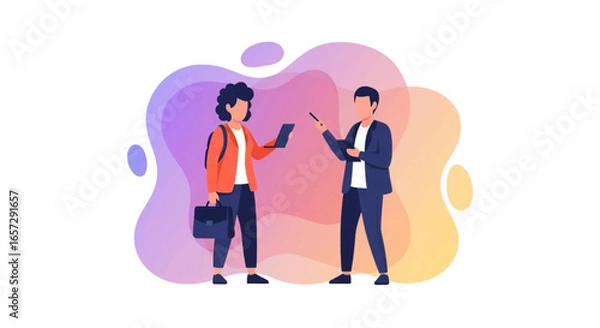 Fototapeta Two professionals collaborate, discussing data on a tablet. Ideal for business, education, or technology concepts.