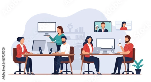 Fototapeta Diverse team collaborates in a modern office, blending in-person work with remote video calls, reflecting contemporary hybrid work models and productivity.