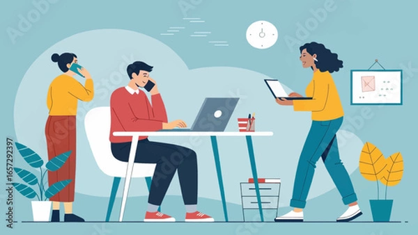 Fototapeta Dynamic office environment with diverse professionals collaborating and communicating. Ideal for concepts of teamwork, productivity, remote work, and modern business solutions.