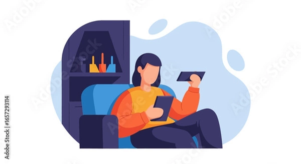 Fototapeta Person relaxing at home, comfortably seated, engaged with a smartphone and tablet. Ideal for themes of digital leisure, remote work, or online learning.