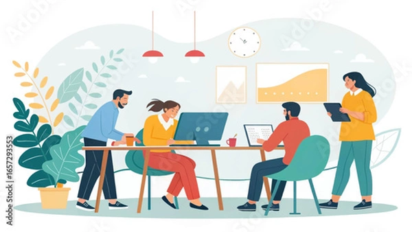 Fototapeta Diverse team collaborates in a modern office, focused on productivity and growth. Ideal for business, startup, and corporate concepts.