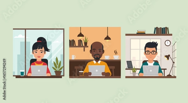 Fototapeta Diverse professionals working on laptops in various settings: office, cafe, and home. Representing remote work, global connectivity, and flexible business solutions.