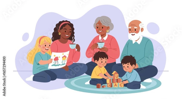 Fototapeta Happy multi-generational family bonding at home. Children play with blocks and draw while adults relax. Perfect for family, education, and lifestyle concepts.