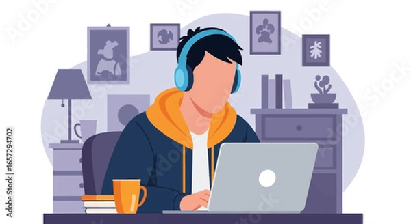 Fototapeta Young person with headphones focused on laptop at home. Ideal for remote work, online learning, productivity, and digital lifestyle concepts.