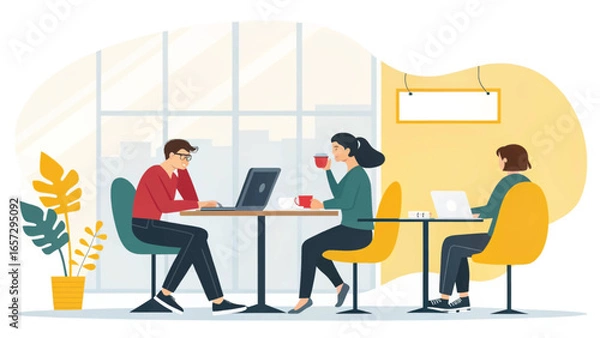 Fototapeta People working and collaborating in a modern cafe or co-working space. Represents remote work, digital lifestyle, and flexible business.