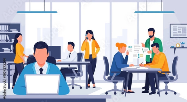 Fototapeta Professional individuals actively engaged in various tasks within a contemporary office setting, emphasizing collaboration, focus, and corporate productivity.