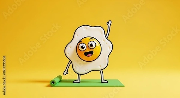 Obraz A happy, energetic cartoon fried egg character doing yoga on a mat, isolated on a vibrant yellow background