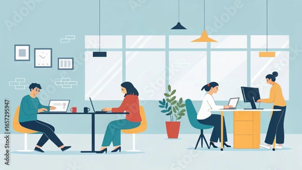 Fototapeta Diverse team of professionals working productively in a bright, modern, and collaborative office environment. Ideal for business, technology, and corporate themes.