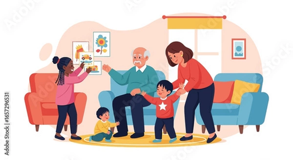 Fototapeta Happy multi-generational family spending quality time together at home, fostering connection and support. Ideal for family life, childhood, and elder care concepts.