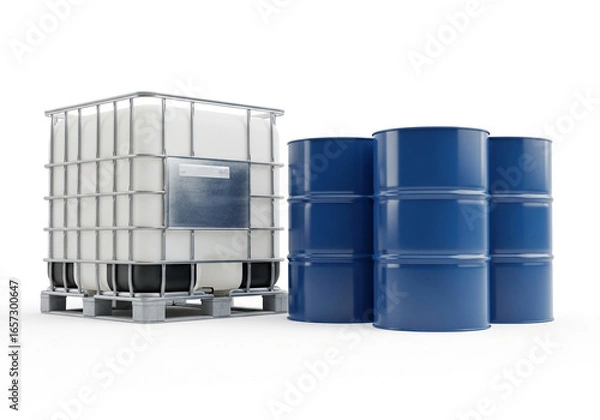 Fototapeta Industrial bulk liquid storage containers including ibc tote and blue drums