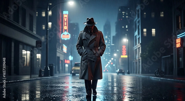 Obraz Man in trench coat walking on a wet city street at night with neon signs and building lights
