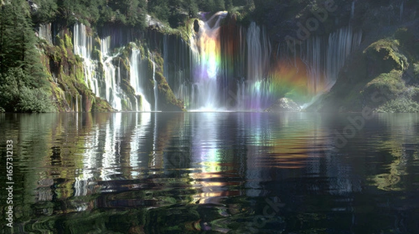 Fototapeta Dynamic ultra-wide shot of a colossal waterfall, where water is replaced by a cascade of liquid stardust and shattered rainbows, crashing into a perfectly still, mirror-like lake below. 
