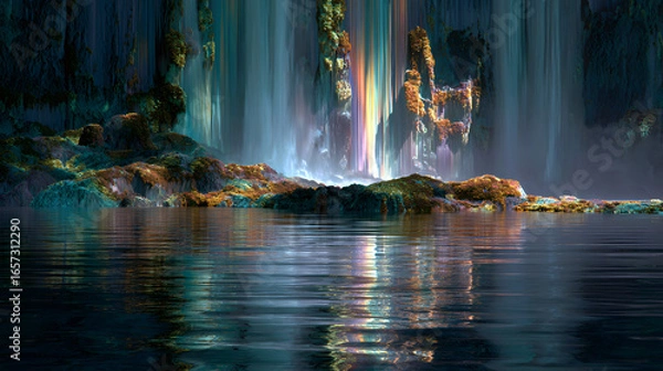 Fototapeta Dynamic ultra-wide shot of a colossal waterfall, where water is replaced by a cascade of liquid stardust and shattered rainbows
