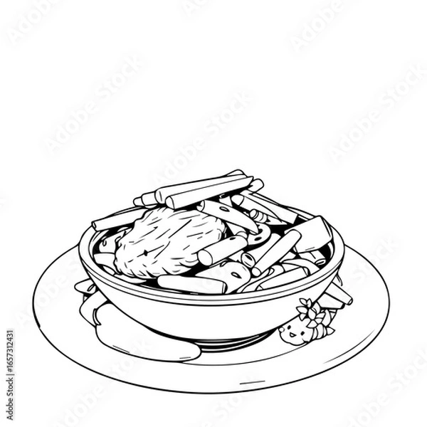 Fototapeta Steaming Bowl of Pasta with Tofu and Vegetables Black and White Line Art Illustration Style