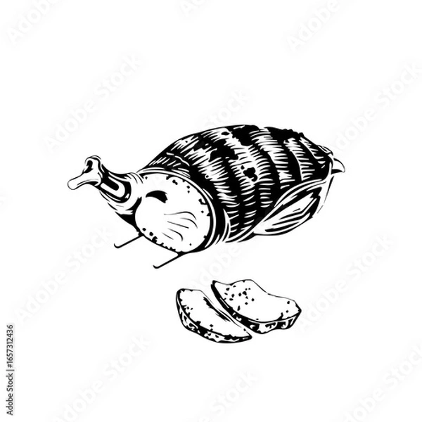 Fototapeta Gray Drawn Holiday Turkey With Red Sauce And Slices on a White Background Festive Food Design