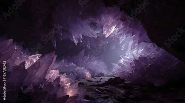 Fototapeta Awe inspiring shot from inside a massive cavern, where the walls and ceiling are covered in giant, translucent crystals.