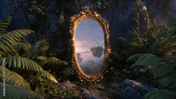 Fototapeta A large, ornate golden mirror with a vintage frame leans against a giant fern in a dark, enchanted forest. 
