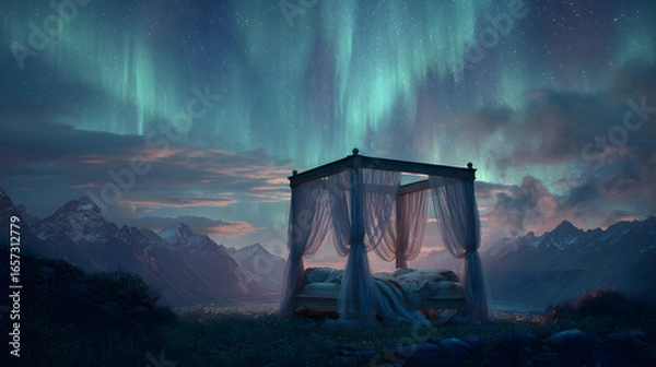 Fototapeta A beautiful wide landscape shot of an elegant four-poster bed that is actively weaving the aurora borealis above it with drapes made of liquid starlight. 