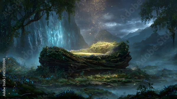 Fototapeta Epic ultra-wide shot of a colossal sofa carved from a living mountain, overgrown with glowing flora, resting off-center in a vast, misty forest.