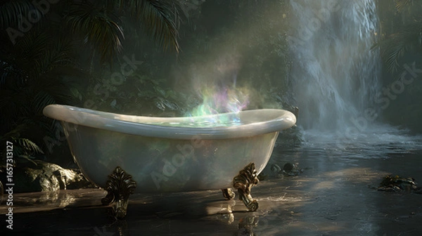 Fototapeta A classic clawfoot bathtub carved from a single piece of polished, glowing moonstone. It's filled with water that shimmers like liquid galaxy, and a shimmering