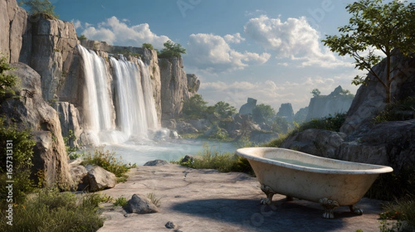 Fototapeta Using a wide-angle lens perspective, a classic clawfoot bathtub carved from moonstone sits in the foreground on the right, beside a serene waterfall. 