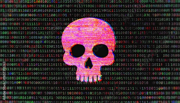 Fototapeta Cybersecurity Threat: A digital skull icon overlaid on a matrix of binary code, representing cyber threats and data breaches in a stylized composition.