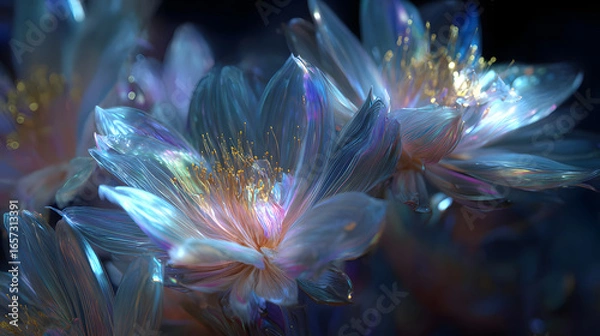 Fototapeta Intimate macro shot with a shallow depth of field, focusing on a cluster of exotic, otherworldly flowers. Their petals are made of translucent, fibrous crystal