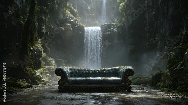 Fototapeta Epic ultra-wide shot of a colossal sofa, seemingly carved from a living mountain