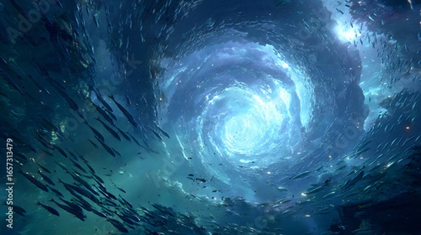 Fototapeta Epic ultra-wide shot of a colossal, permanent whirlpool that doesn't pull things down, but acts as a stable, shimmering liquid portal to the abyssal kingdom below. 