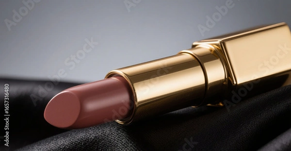 Obraz Luxury Lipstick with Golden Case on Black Satin Background – Elegant Beauty Product Photography