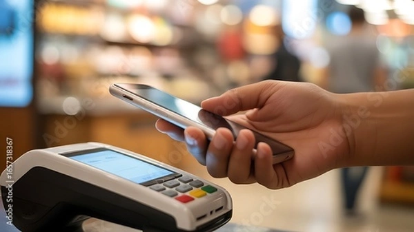 Fototapeta Hand holding phone over payment terminal mobile payment