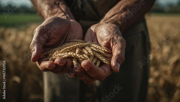 Fototapeta Farmer's hands holding ripe golden wheat ears in a field