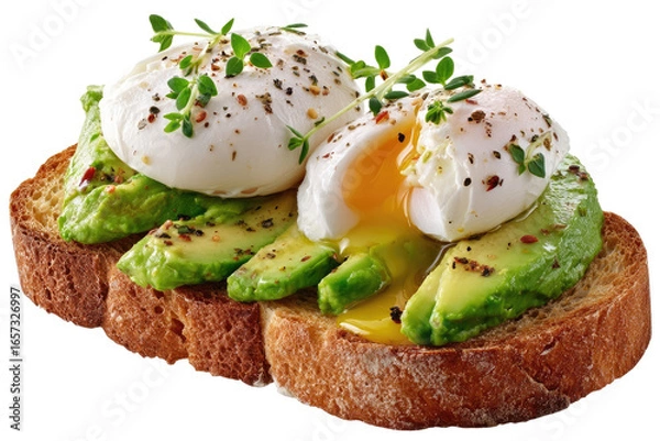Fototapeta Two poached eggs atop avocado slices on toasted bread.  Fresh herbs and seasonings are sprinkled on top