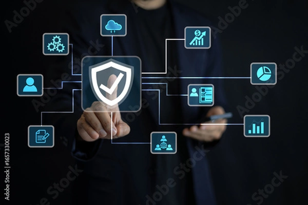 Fototapeta An IT specialist using a smartphone configures cloud-based security solutions for compliance with global data protection standards. Security for Business data and Protection.