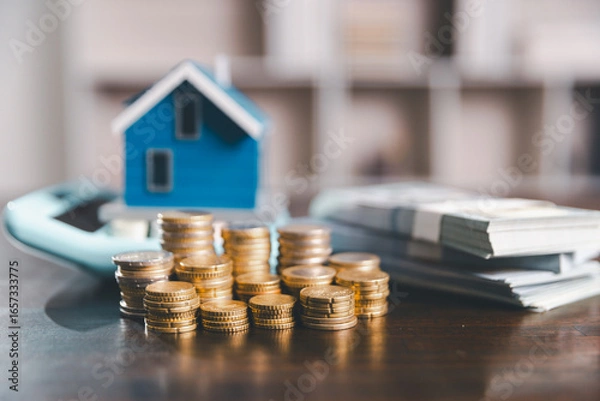 Fototapeta Model house, stacks of coins, calculator, financial documents on a wooden desk represent real estate investment and mortgage planning, highlighting financial growth and strategic planning strategies.