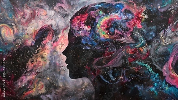 Fototapeta Inner Cosmos Illuminated: A Silhouette’s Celestial Mindscape