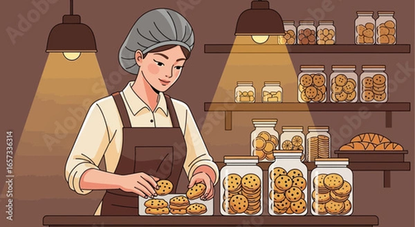 Fototapeta Smiling baker arranging freshly baked cookies in jars on bakery shelves