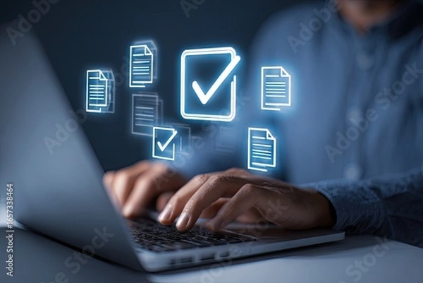 Fototapeta Person reviewing digital documents on laptop