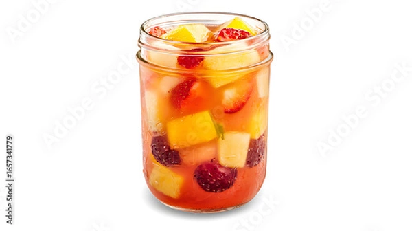Fototapeta Vibrant fruit punch in glass jar filled with colorful diced fruits, creating refreshing and delightful drink experience
