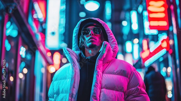 Fototapeta A streetwear model wearing a trendy puffer jacket while walking through a street lit by neon lights.