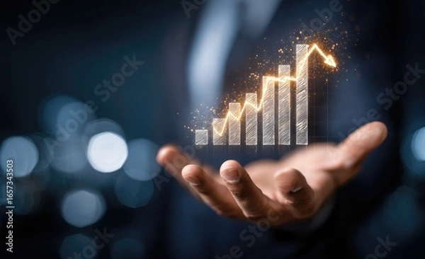 Fototapeta Glowing upward graph held in hands, symbolizing growth & success