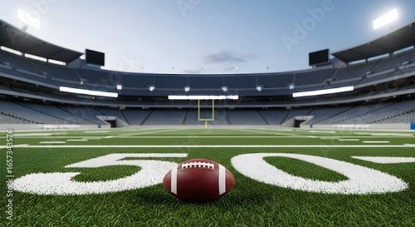 Obraz An American football rests on the 50-yard line of a stadium, symbolizing sports, competition, and the excitement of game day under a bright sky.