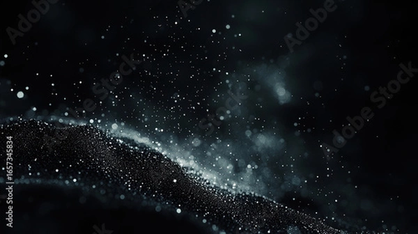 Fototapeta A dark black background with particles or elements randomly drifting in space. 