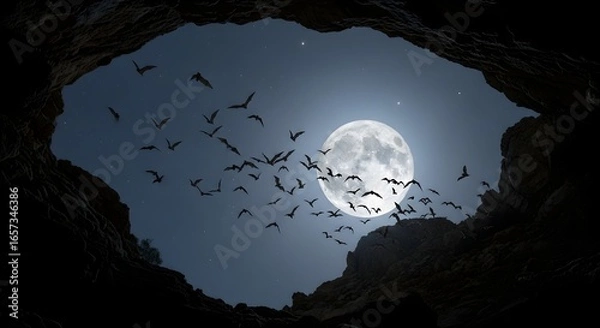 Obraz A spectacular view from inside a dark cave as a large colony of bats takes flight against the backdrop of a radiant full moon in the night sky.